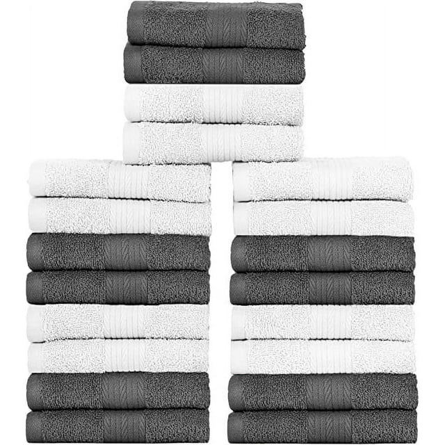 Ample Decor Washcloths 12 x 12 inch 20 Piece 600 GSM 100% Cotton, Lightweight, Quick Drying Fingertip Towels for Bathroom, Gym, Kitchen - White & Grey
