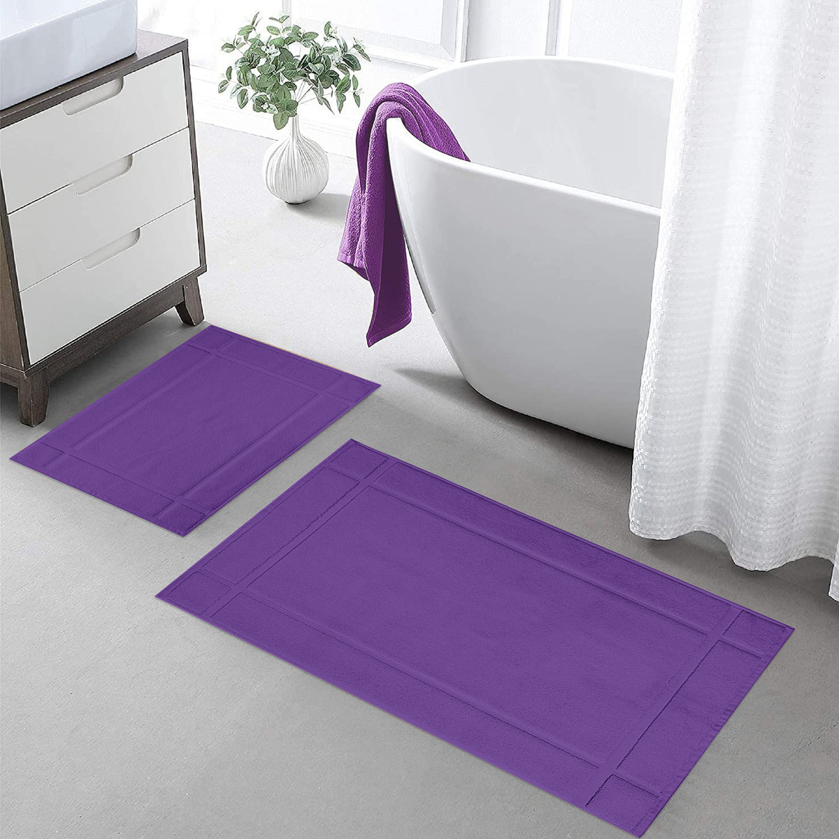 Set of 2 24"X17" & 34"X20" Cotton Bath Mats 1350 GSM Solid Thick & Plush, for Bathroom Floor
